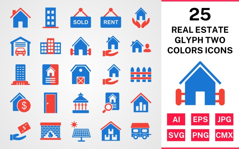 Download Набор иконок "25 Real Estate Glyph Two Colors Icon Set" / 25 Real Estate Glyph Two Colors Icon Set - Набор иконок на тему city set,file,icon,icons,glyph,vector,sign,symbol,pictogram,two,colors,real estate,house,garage,building,farm house,loan,agent,flat,mortgage