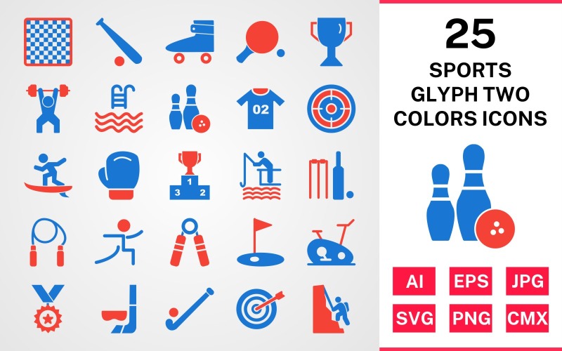 25 Sport och spel Glyph två färger Ikonuppsättning