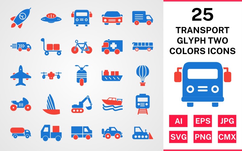25 Taşıma Glifi İki Renk Simge Seti