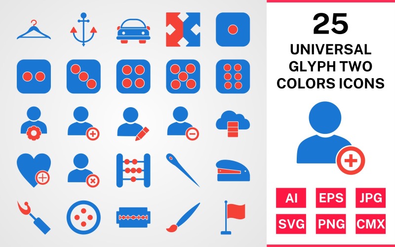 Download Набор иконок "25 Universal Glyph Two Colors Icon Set" / 25 Universal Glyph Two Colors Icon Set - Набор иконок set,file,icon,icons,glyph,vector,sign,symbol,pictogram,two,colors,universal,hanger,dice six,flag,needle,edit profile,staper,button,blade