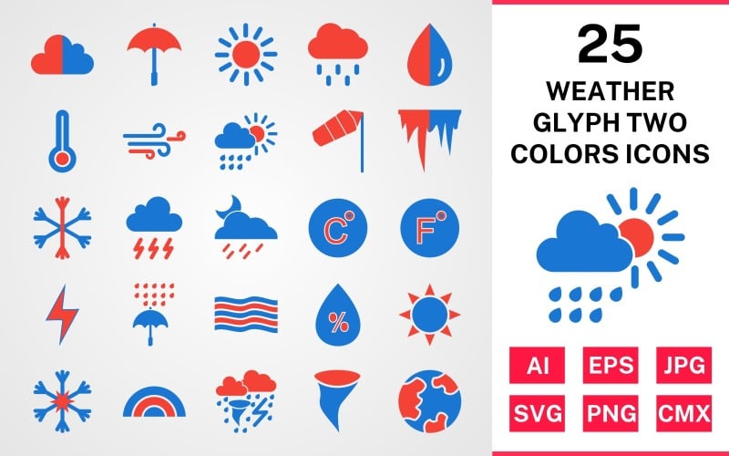 Download Набор иконок "25 Weather Glyph Two Colors Icon Set" / 25 Weather Glyph Two Colors Icon Set - Набор иконок на тему weather set,file,icon,icons,glyph,vector,sign,symbol,pictogram,two,colors,weather,cloud,rain,sun,tornado,rainbow,windy,rain drop,temparature