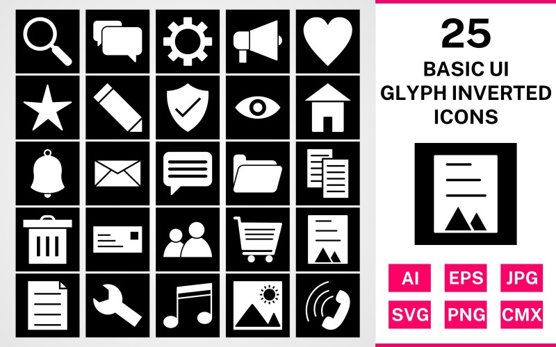Download Набор иконок "25 Basic ui Glyph Inverted Icon Set" / 25 Basic ui Glyph Inverted Icon Set - Набор иконок на тему data set,file,icon,icons,glyph,linear,vector,sign,symbol,pictogram,inverted,basic ui,find,cart,users,chat,picture,document,trash,inbox