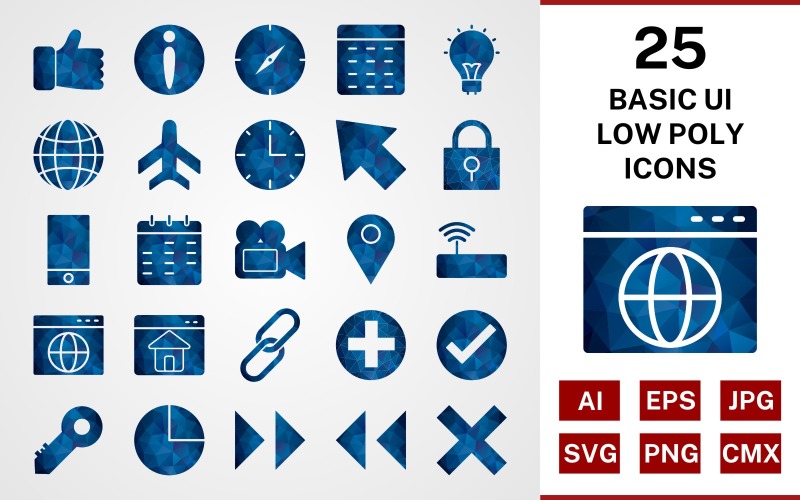 25 basis ui laag poly icon set