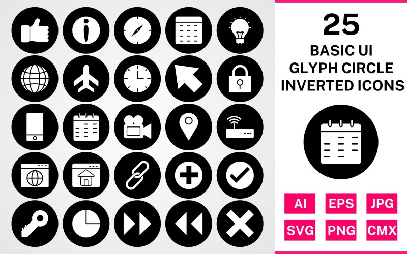 25 базовых пользовательских интерфейсов Glyph Circle Inverted Icon Set