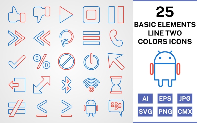 Conjunto de ícones de duas cores com 25 linhas de elementos básicos