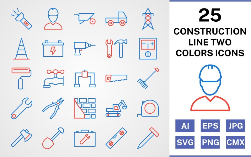 Download Набор иконок "25 Construction Line Two Colors Icon Set" / 25 Construction Line Two Colors Icon Set - Набор иконок на тему industrial set,file,icon,icons,line,vector,sign,symbol,pictogram,two,colors,construction,engineer,loader,tools,tool box,drill,paint roller,pipe,saw