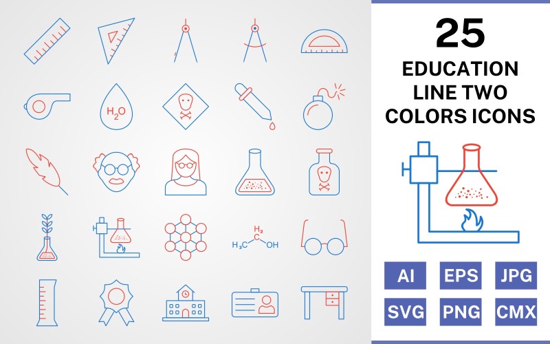 Download Набор иконок "25 Education Line Two Colors Icon Set" / 25 Education Line Two Colors Icon Set - Набор иконок на тему science set,file,icon,icons,line,vector,sign,symbol,pictogram,two,colors,education,toxic,scale,school,award,chemicals,beaker,divider,compass
