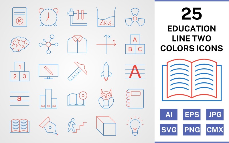 Download Набор иконок "25 Education Line Two Colors Icon Set" / 25 Education Line Two Colors Icon Set - Набор иконок на тему science set,file,icon,icons,line,vector,sign,symbol,pictogram,two,colors,education,brain,cube,book dvd,open book,electron,alarm,notepad,radiation