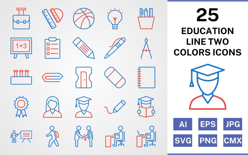 Download Набор иконок "25 Education Line Two Colors Icon Set" / 25 Education Line Two Colors Icon Set - Набор иконок на тему science set,file,icon,icons,line,vector,sign,symbol,pictogram,two,colors,education,bag,writing,teaching,reading,pen,pin,degree,compass