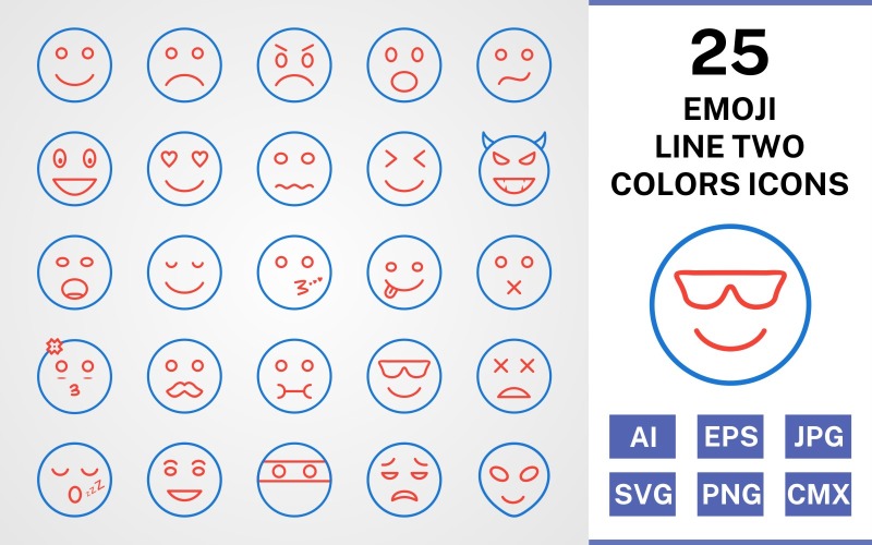 Download Набор иконок "25 Emoji Line Two Colors Icon Set" / 25 Emoji Line Two Colors Icon Set - Набор иконок на тему social media set,file,icon,icons,line,vector,sign,symbol,pictogram,two,colors,emoji,happy,sad,lol,alien,kiss,wink,nervous,calm