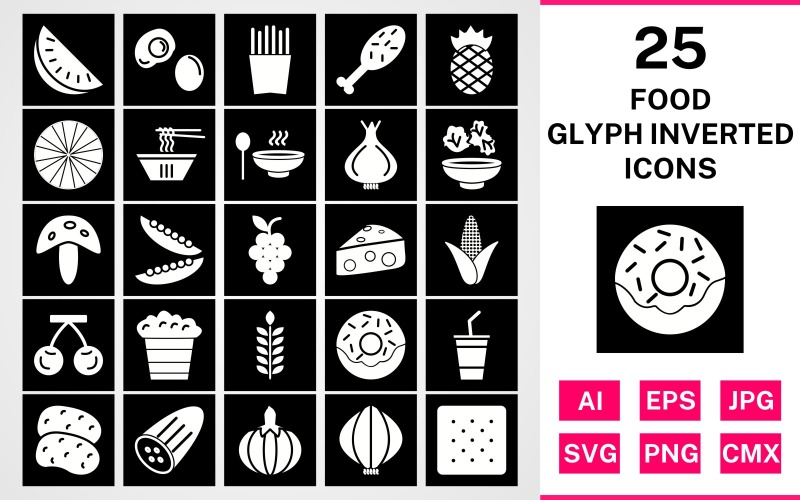 Download Набор иконок "25 Food Glyph Inverted Icon Set" / 25 Food Glyph Inverted Icon Set - Набор иконок на тему food set,file,icon,icons,glyph,linear,vector,sign,symbol,pictogram,inverted,food,watermelon,salad,grapes,soup,egg,biscuit,frenchfries,cheese
