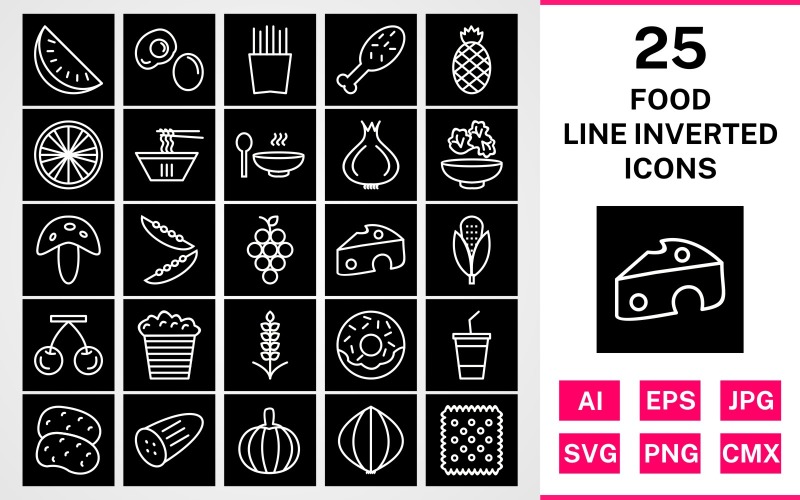 Download Набор иконок "25 Food Line Inverted Icon Set" / 25 Food Line Inverted Icon Set - Набор иконок на тему food set,file,icon,icons,line,circle,vector,sign,symbol,pictogram,inverted,food,watermelon,salad,grapes,soup,egg,biscuit,frenchfries,cheese