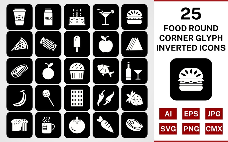 Download Набор иконок "25 Food Round Corner Glyph Inverted Icon Set" / 25 Food Round Corner Glyph Inverted Icon Set - Набор иконок на тему food set,file,icon,icons,round corner,line,vector,sign,symbol,pictogram,inverted,food,coffee,milk,snack,carrot,steak,orange,pizza,cake