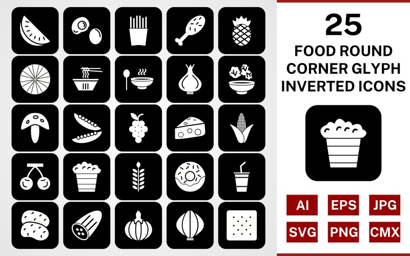 Download Набор иконок "25 Food Round Corner Glyph Inverted Icon Set" / 25 Food Round Corner Glyph Inverted Icon Set - Набор иконок на тему food set,file,icon,icons,round corner,line,vector,sign,symbol,pictogram,inverted,food,watermelon,salad,grapes,soup,egg,biscuit,frenchfries,cheese