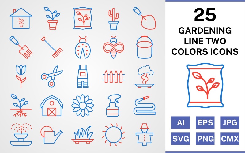 Download Набор иконок "25 Gardening Line Two Colors Icon Set" / 25 Gardening Line Two Colors Icon Set - Набор иконок на тему nature set,file,icon,icons,line,vector,sign,symbol,pictogram,two,colors,gardening,sprout,pail,hose,barn,root,grass,watercan,trowel