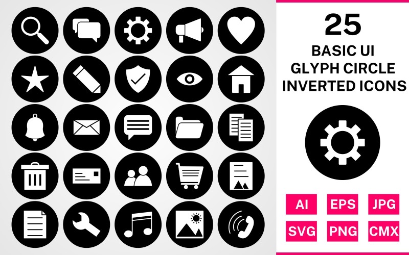 25 Grundläggande ui Glyph Circle Inverterad Ikonuppsättning