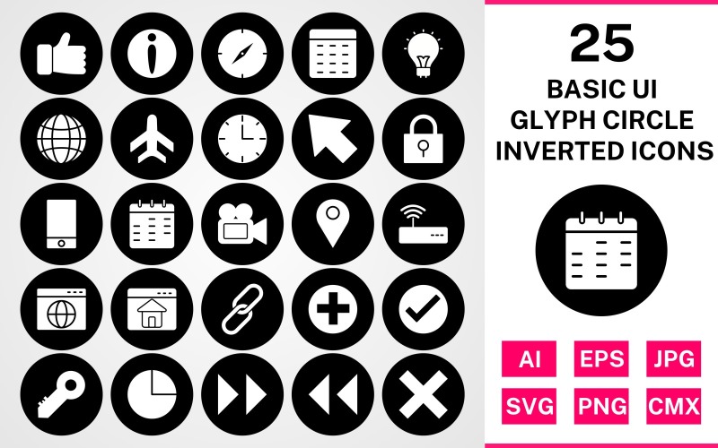 25 Grundläggande ui Glyph Circle Inverterad Ikonuppsättning