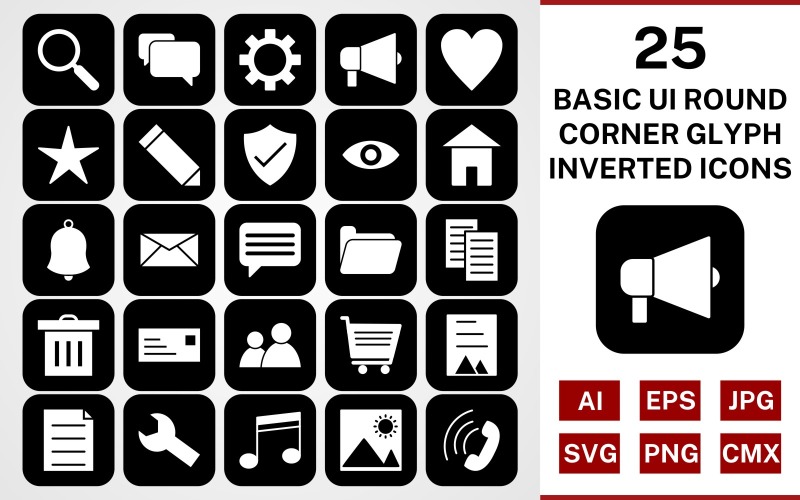 25 Grundläggande ui Round Corner Glyph Inverterad Ikonuppsättning