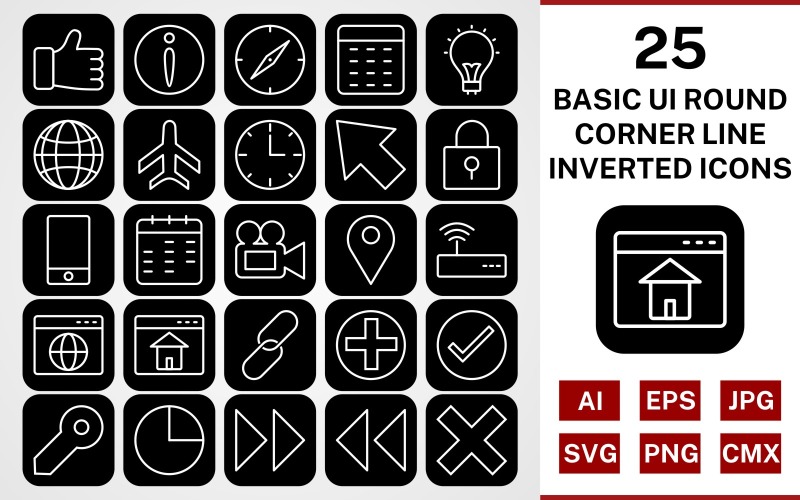 25 Grundläggande ui Round Corner Line Inverterad Ikonuppsättning