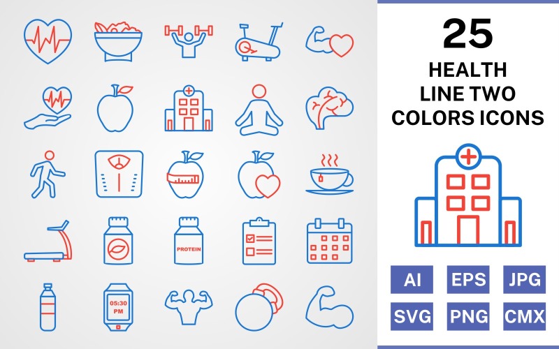 Download Набор иконок "25 Health Line Two Colors Icon Set" / 25 Health Line Two Colors Icon Set - Набор иконок на тему food set,file,icon,icons,line,vector,sign,symbol,pictogram,two,colors,health,yoga,salad,heart beat,walking,body,hospital,apple,healthy food
