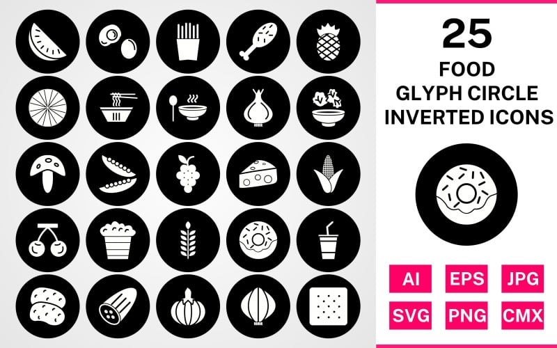 25 Invertiertes Icon-Set für Lebensmittel-Glyphenkreise