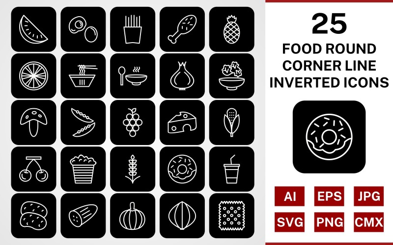 25 mat runda hörnlinjen inverterad ikonuppsättning