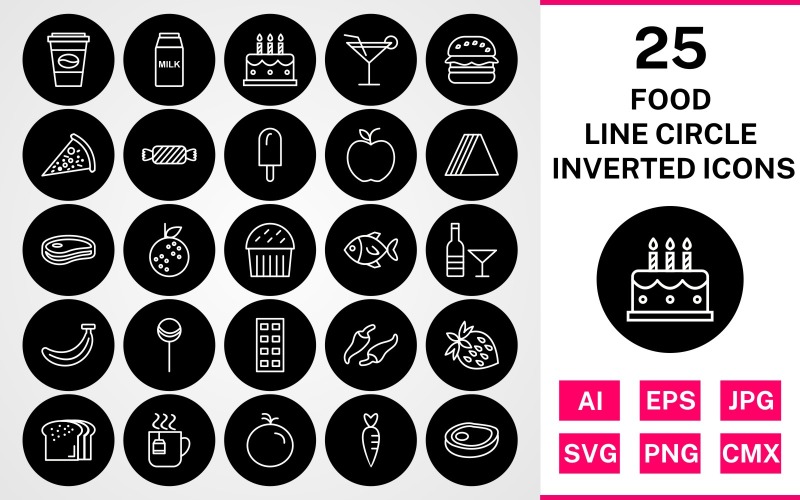 25 matlinje cirkel inverterad ikonuppsättning