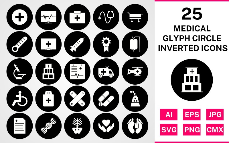 Download Набор иконок "25 Medical Glyph Circle Inverted Icon Set" / 25 Medical Glyph Circle Inverted Icon Set - Набор иконок на тему medical set,file,icon,icons,circle,glyph,vector,sign,symbol,pictogram,inverted,medical,drip,xray,dna,report,toe tag,medicines,hospital,injection