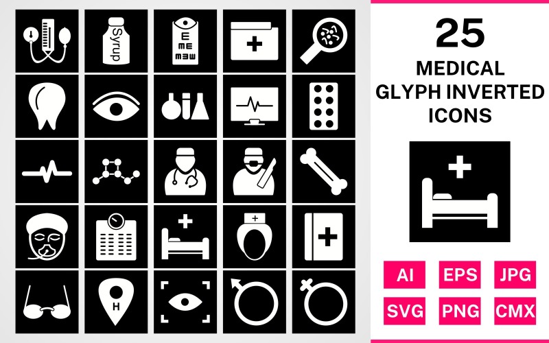 Download Набор иконок "25 Medical Glyph Inverted Icon Set" / 25 Medical Glyph Inverted Icon Set - Набор иконок на тему medical set,file,icon,icons,glyph,linear,vector,sign,symbol,pictogram,inverted,medical,doctor,nurse,bed,scan,eye test,bp apparatus,bone,tablets