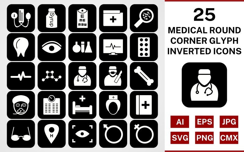 Download Набор иконок "25 Medical Round Corner Glyph Inverted Icon Set" / 25 Medical Round Corner Glyph Inverted Icon Set - Набор иконок на тему medical set,file,icon,icons,round corner,line,vector,sign,symbol,pictogram,inverted,medical,doctor,nurse,bed,scan,eye test,bp apparatus,bone,tablets