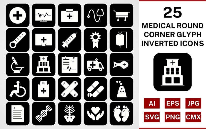 Download Набор иконок "25 Medical Round Corner Glyph Inverted Icon Set" / 25 Medical Round Corner Glyph Inverted Icon Set - Набор иконок на тему medical set,file,icon,icons,round corner,line,vector,sign,symbol,pictogram,inverted,medical,drip,xray,dna,report,toe tag,medicines,hospital,injection