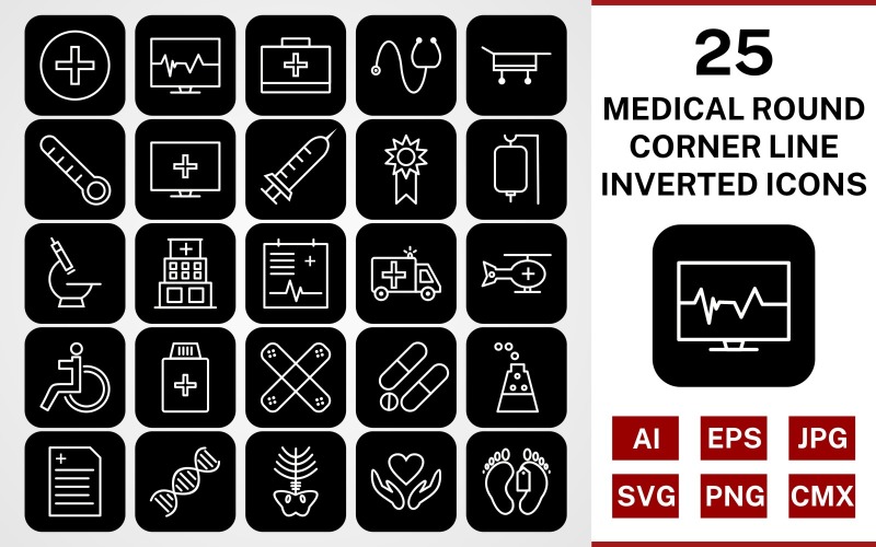 Download Набор иконок "25 Medical Round Corner Line Inverted Icon Set" / 25 Medical Round Corner Line Inverted Icon Set - Набор иконок на тему medical set,file,icon,icons,round corner,line,vector,sign,symbol,pictogram,inverted,medical,drip,xray,dna,report,toe tag,medicines,hospital,injection