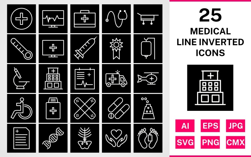 25 medicinsk linje inverterad ikonuppsättning