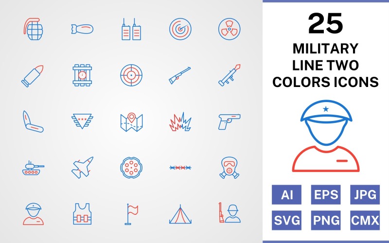 Download Набор иконок "25 Military Line Two Colors Icon Set" / 25 Military Line Two Colors Icon Set - Набор иконок на тему military set,file,icon,icons,line,vector,sign,symbol,pictogram,two,colors,military,bullet,target,grenade,jet,tent,gun,blast,radar