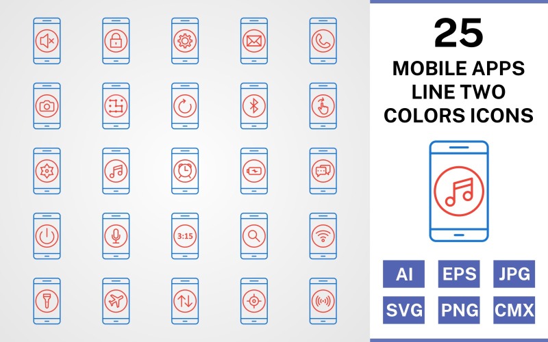 Download Набор иконок "25 Mobile Apps Line Two Colors Icon Set" / 25 Mobile Apps Line Two Colors Icon Set - Набор иконок на тему music set,file,icon,icons,line,vector,sign,symbol,pictogram,two,colors,mobile apps,power off,music,camera,call,lock,silent,alarm,hotspot