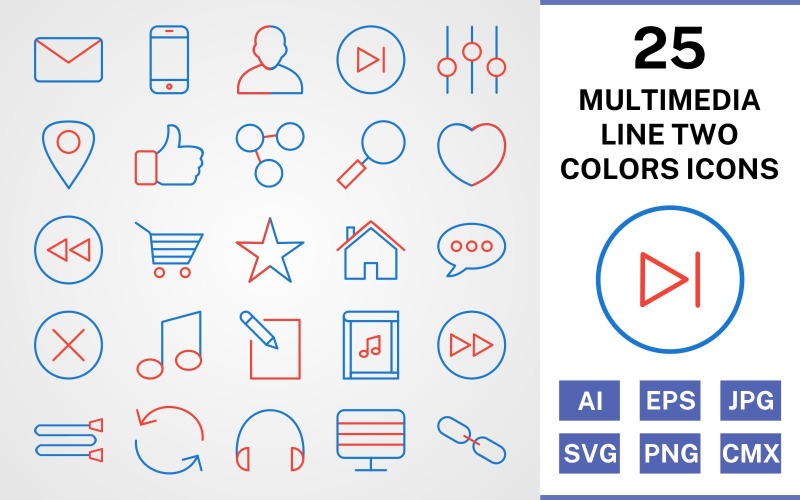 Download Набор иконок "25 Multimedia Line Two Colors Icon Set" / 25 Multimedia Line Two Colors Icon Set - Набор иконок на тему data set,file,icon,icons,line,vector,sign,symbol,pictogram,two,colors,multimedia,next,avatar,heart,back,link,monitor,like,envelope