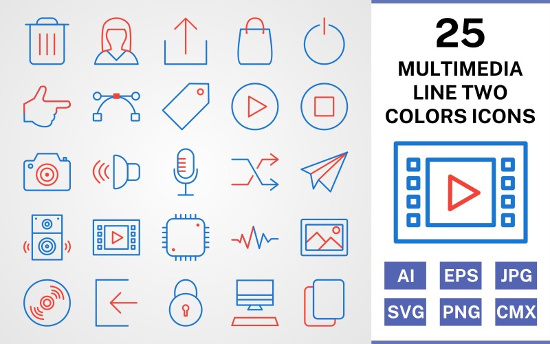 Download Набор иконок "25 Multimedia Line Two Colors Icon Set" / 25 Multimedia Line Two Colors Icon Set - Набор иконок на тему data set,file,icon,icons,line,vector,sign,symbol,pictogram,two,colors,multimedia,logout,copy,shuffle,play,stop,upload,speaker,sign in