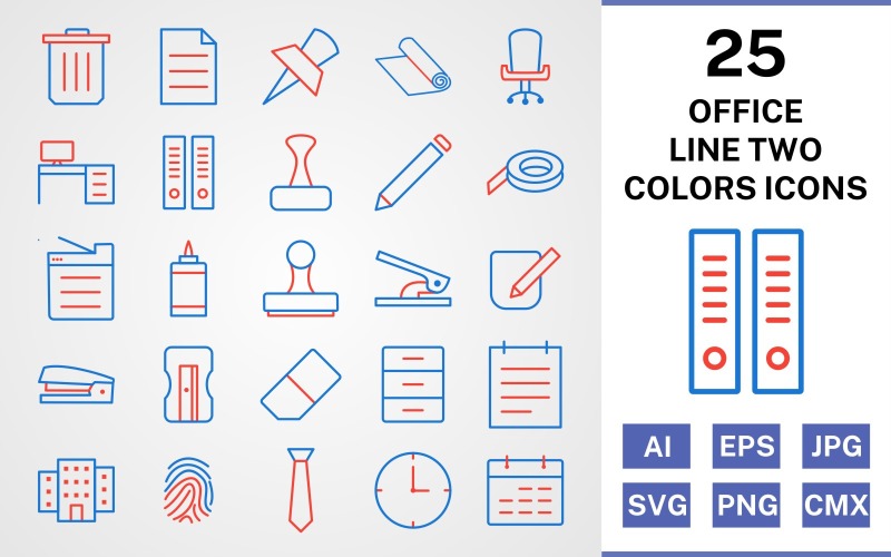 Download Набор иконок "25 Office Line Two Colors Icon Set" / 25 Office Line Two Colors Icon Set - Набор иконок на тему business set,file,icon,icons,line,vector,sign,symbol,pictogram,two,colors,office,notepad,clock,tie,stamp,office chair,office table,post it,trash