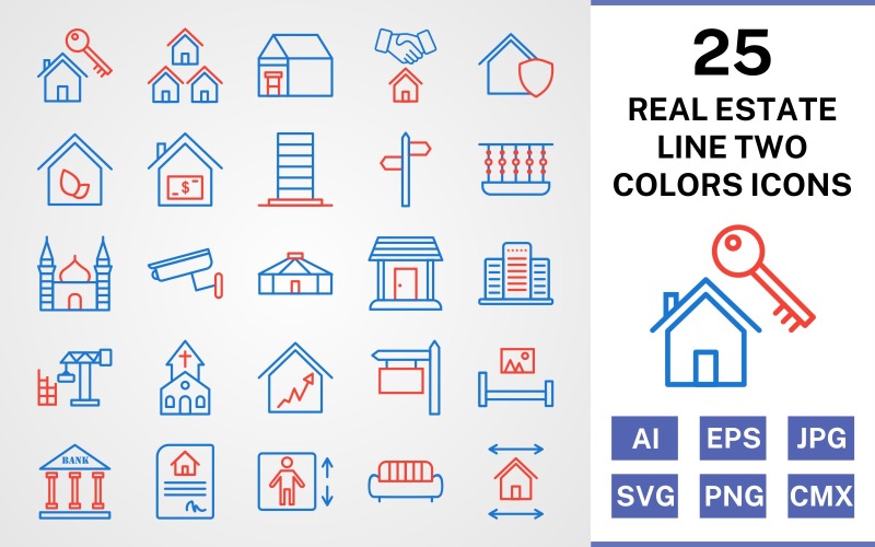 Download Набор иконок "25 Real Estate Line Two Colors Icon Set" / 25 Real Estate Line Two Colors Icon Set - Набор иконок на тему city set,file,icon,icons,line,vector,sign,symbol,pictogram,two,colors,real estate,mosque,church,balcony,mansion,eco house,lift,yurt,bank