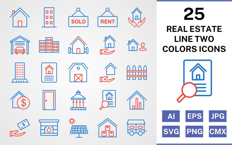 Download Набор иконок "25 Real Estate Line Two Colors Icon Set" / 25 Real Estate Line Two Colors Icon Set - Набор иконок на тему city set,file,icon,icons,line,vector,sign,symbol,pictogram,two,colors,real estate,house,garage,building,farm house,loan,agent,flat,mortgage
