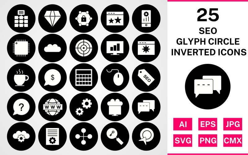 Download Набор иконок "25 Seo Glyph Circle Inverted Icon Set" / 25 Seo Glyph Circle Inverted Icon Set - Набор иконок на тему network set,file,icon,icons,circle,glyph,vector,sign,symbol,pictogram,inverted,seo,network,settings,stats,diamond,conversation,starred,target,processor