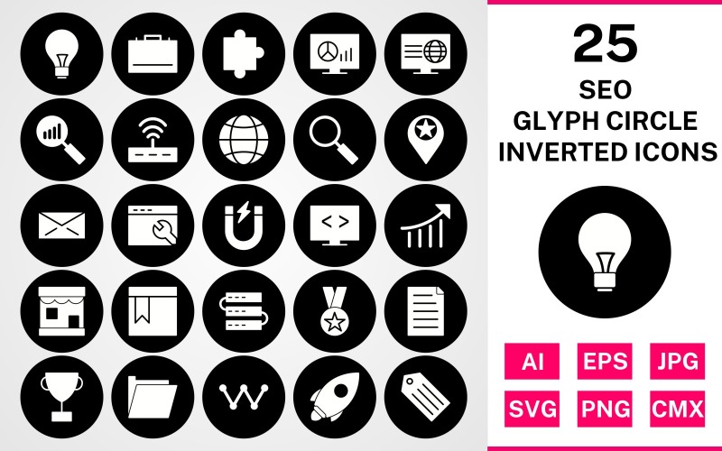 Download Набор иконок "25 Seo Glyph Circle Inverted Icon Set" / 25 Seo Glyph Circle Inverted Icon Set - Набор иконок на тему business set,file,icon,icons,circle,glyph,vector,sign,symbol,pictogram,invertedset,inverted,seo,bulb,search,web,launch,award,servers,webpage