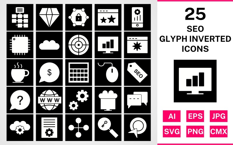 Download Набор иконок "25 Seo Glyph Inverted Icon Set" / 25 Seo Glyph Inverted Icon Set - Набор иконок на тему network set,file,icon,icons,glyph,linear,vector,sign,symbol,pictogram,inverted,seo,network,settings,stats,diamond,conversation,starred,target,processor