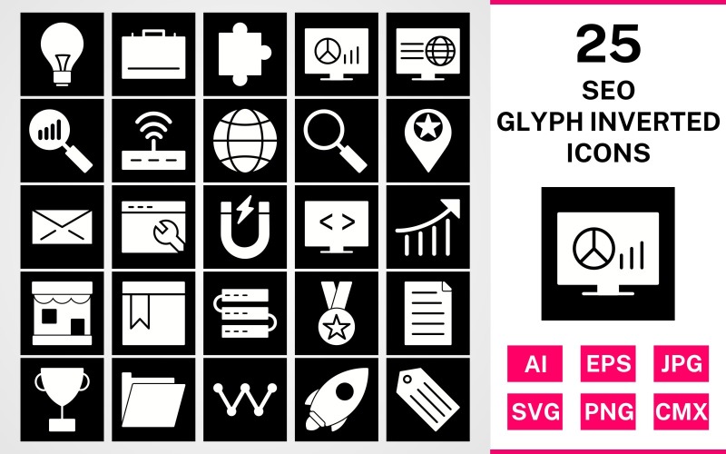 Download Набор иконок "25 Seo Glyph Inverted Icon Set" / 25 Seo Glyph Inverted Icon Set - Набор иконок на тему business set,file,icon,icons,glyph,linear,vector,sign,symbol,pictogram,inverted,seo,bulb,search,web,launch,award,servers,webpage,folder