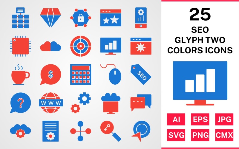 Download Набор иконок "25 Seo Glyph Two Colors Icon Set" / 25 Seo Glyph Two Colors Icon Set - Набор иконок на тему network set,file,icon,icons,glyph,vector,sign,symbol,pictogram,two,colors,seo,network,settings,stats,diamond,conversation,starred,target,processor