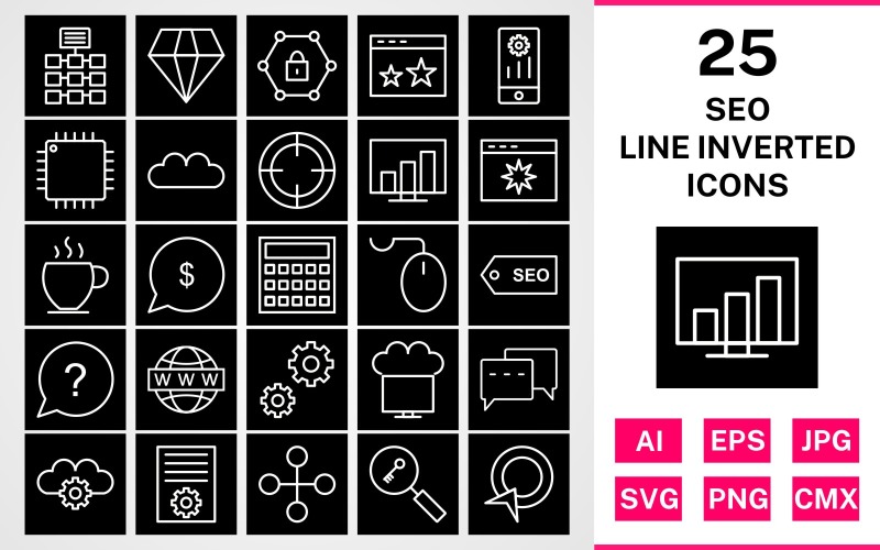 Download Набор иконок "25 Seo Line Inverted Icon Set" / 25 Seo Line Inverted Icon Set - Набор иконок на тему network set,file,icon,icons,line,circle,vector,sign,symbol,pictogram,inverted,seo,network,settings,stats,diamond,conversation,starred,target,processor