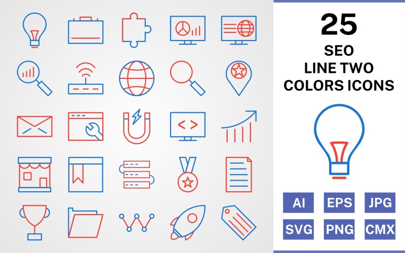 Download Набор иконок "25 Seo Line Two Colors Icon Set" / 25 Seo Line Two Colors Icon Set - Набор иконок на тему business set,file,icon,icons,line,vector,sign,symbol,pictogram,two,colors,seo,bulb,search,web,launch,award,servers,webpage,folder