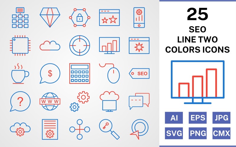 Download Набор иконок "25 Seo Line Two Colors Icon Set" / 25 Seo Line Two Colors Icon Set - Набор иконок на тему network set,file,icon,icons,line,vector,sign,symbol,pictogram,two,colors,seo,network,settings,stats,diamond,conversation,starred,target,processor