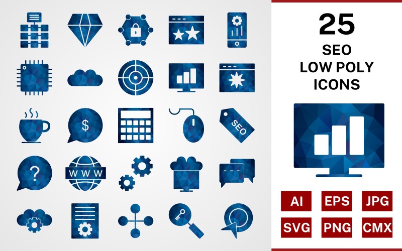 Download Набор иконок "25 Seo Low poly Icon Set" / 25 Seo Low poly Icon Set - Набор иконок на тему network set,file,icon,icons,line,circle,vector,sign,symbol,pictogram,lowpoly,seo,network,settings,stats,diamond,conversation,starred,target,processor