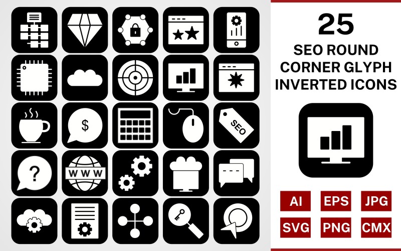 Download Набор иконок "25 Seo Round Corner Glyph Inverted Icon Set" / 25 Seo Round Corner Glyph Inverted Icon Set - Набор иконок на тему network set,file,icon,icons,round corner,line,vector,sign,symbol,pictogram,inverted,seo,network,settings,stats,diamond,conversation,starred,target,processor